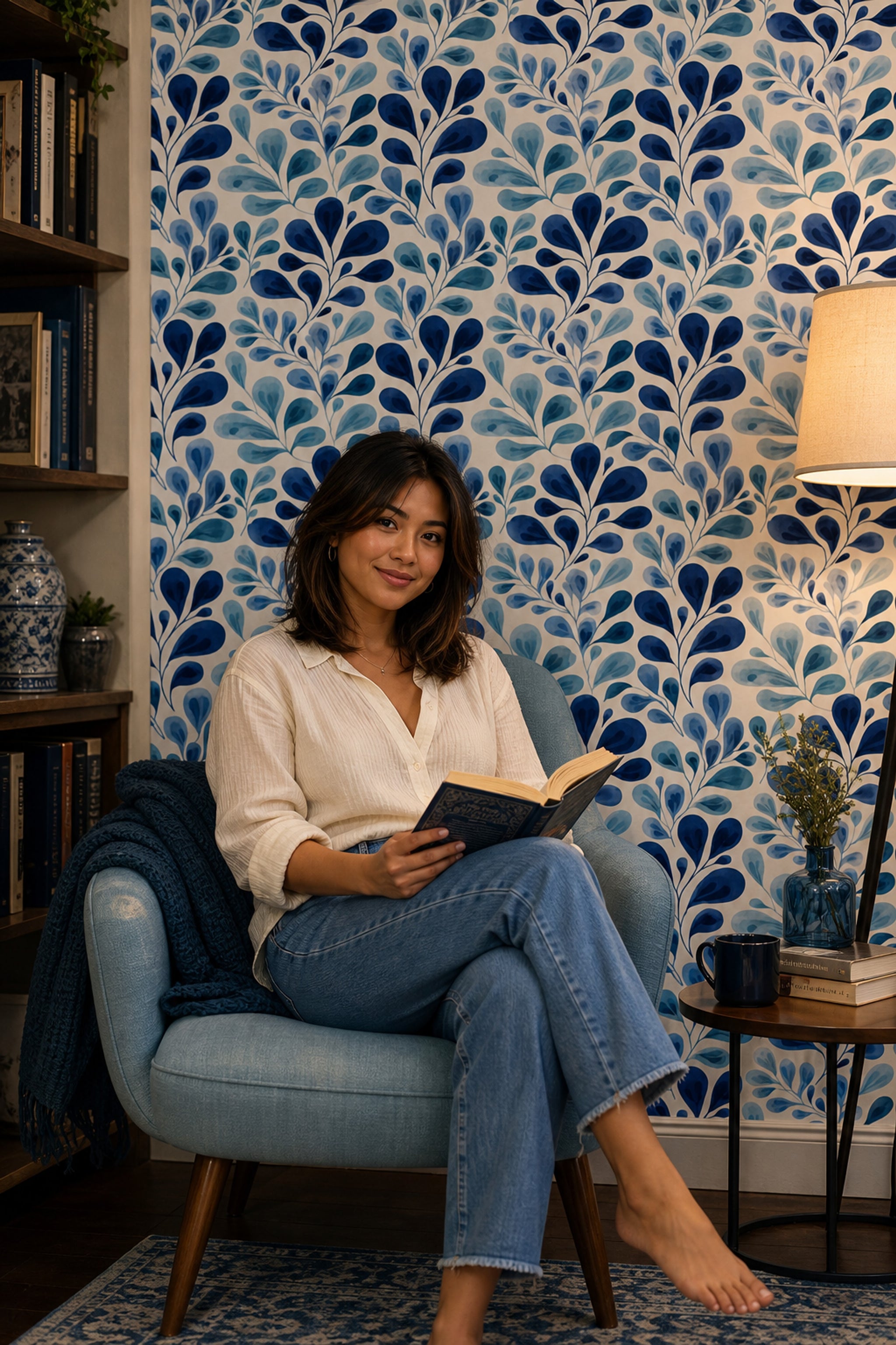 Watercolor Leaves Wallpaper Botanical Branches Removable Blue And White Wall Double Roll