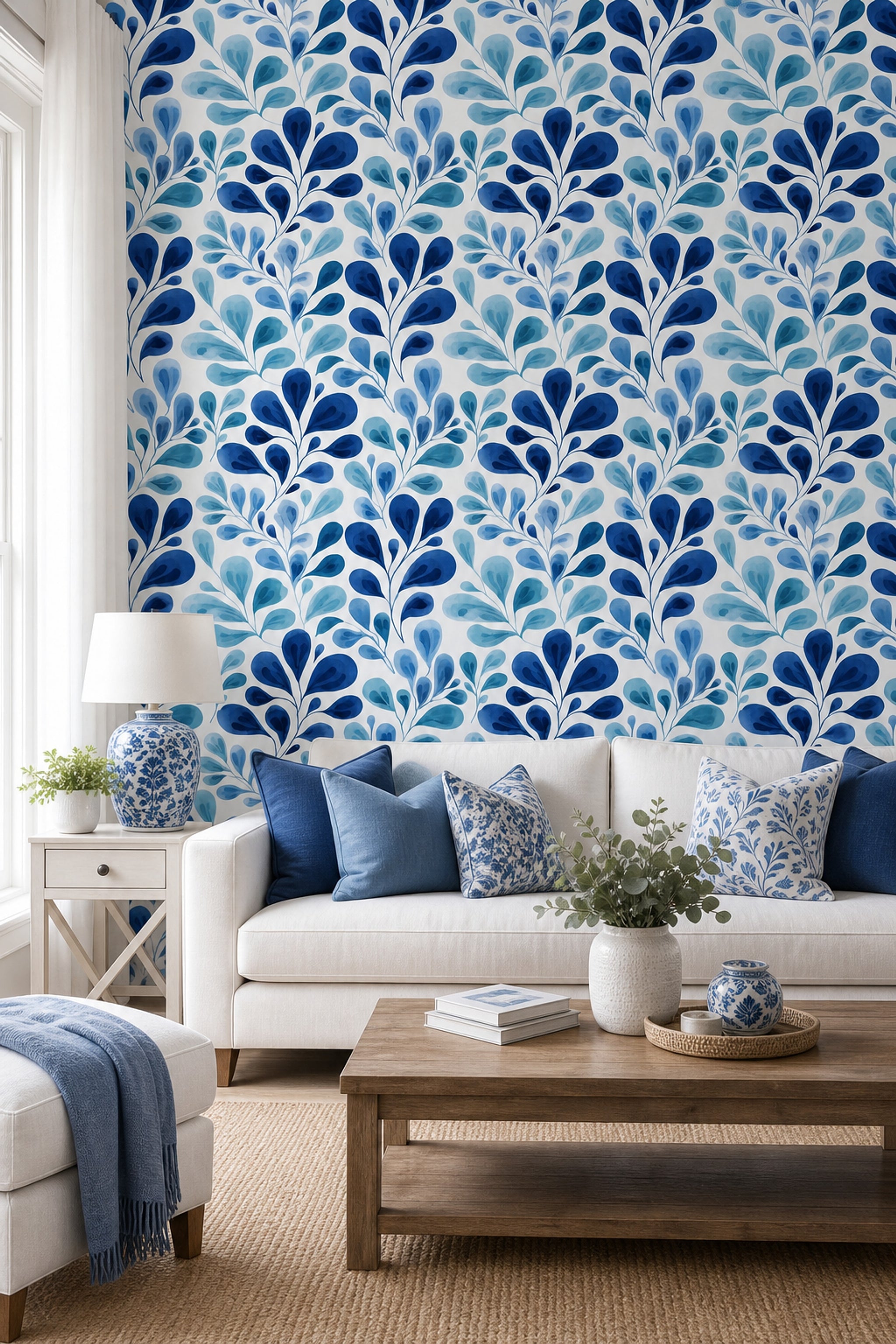 Watercolor Leaves Wallpaper Botanical Branches Removable Blue And White Wall Double Roll