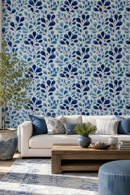 Watercolor Leaves Wallpaper Botanical Branches Removable Blue And White Wall Double Roll