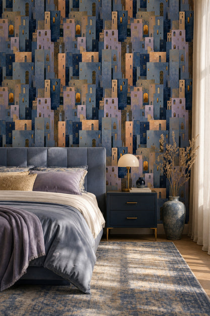 Abstract Cityscape Wallpaper Geometric Buildings Moody Night Removable Wall Decor