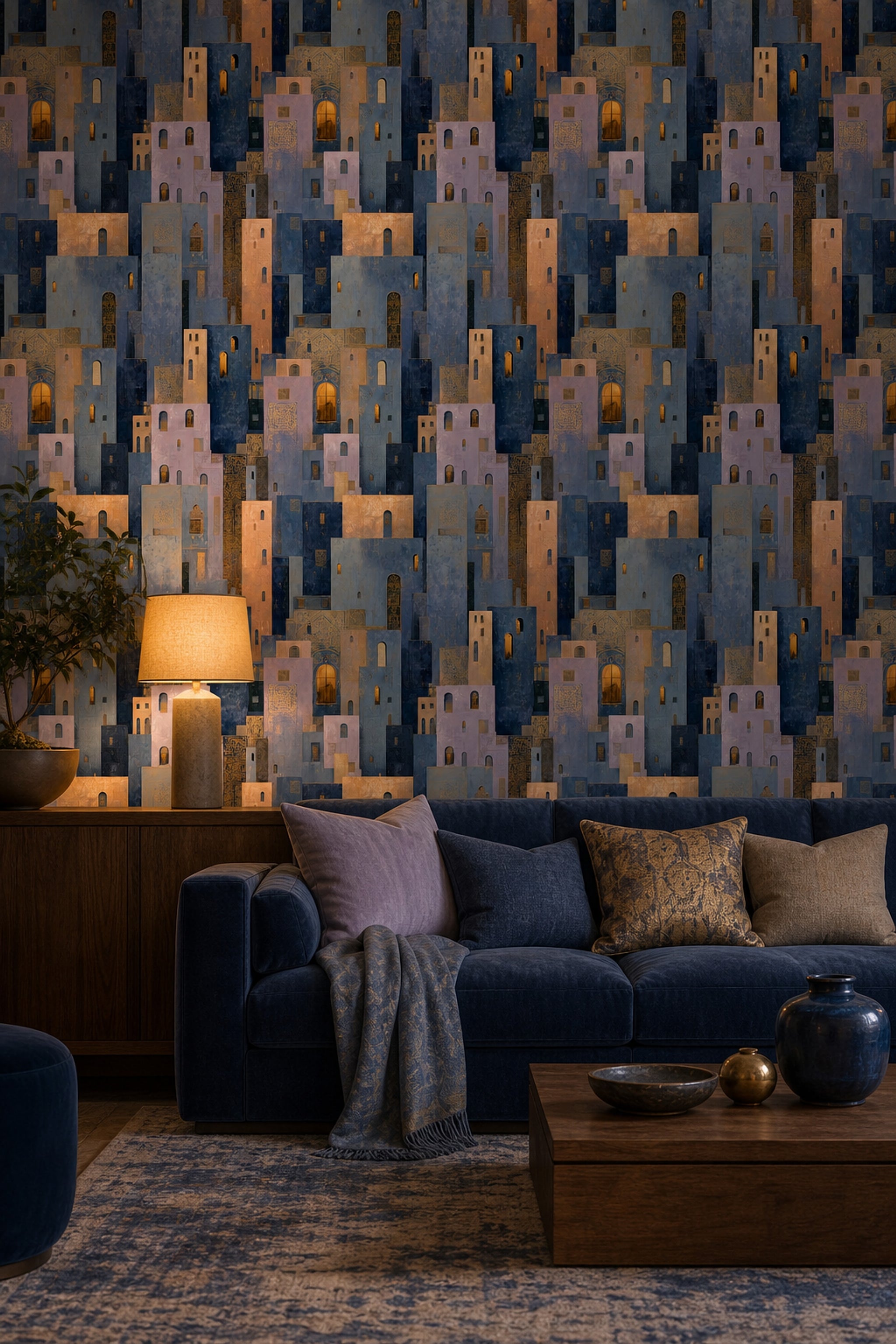Abstract Cityscape Wallpaper Geometric Buildings Moody Night Removable Wall Decor