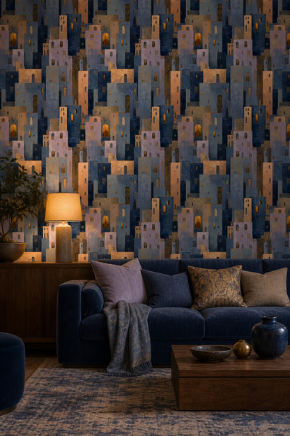 Abstract Cityscape Wallpaper Geometric Buildings Moody Night Removable Wall Decor