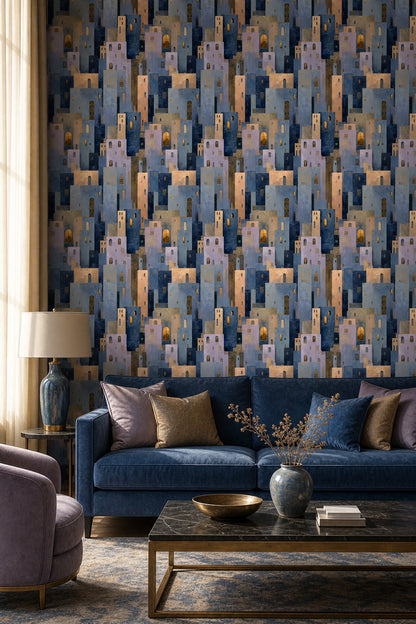 Abstract Cityscape Wallpaper Geometric Buildings Moody Night Removable Wall Decor