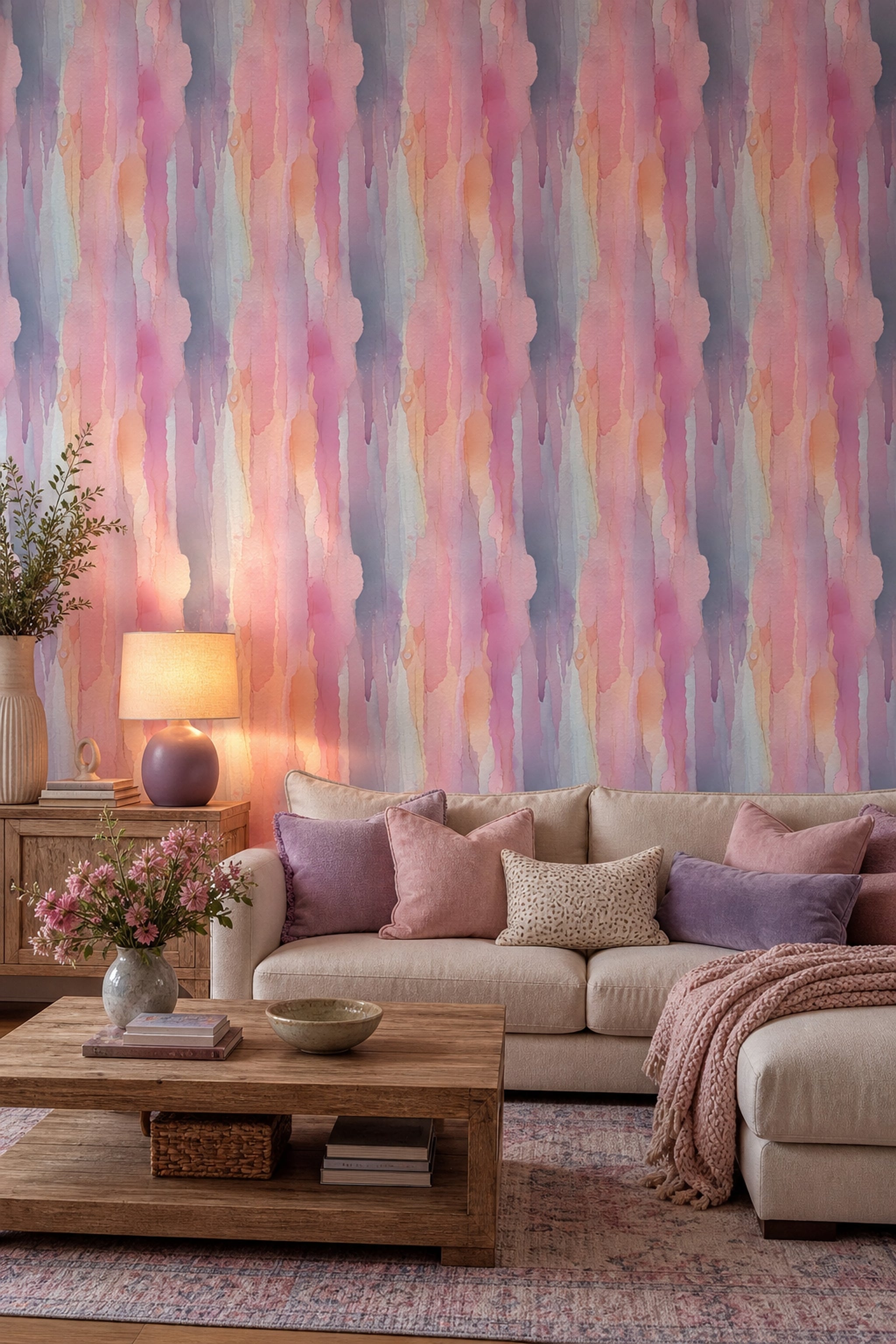 Abstract Watercolor Wallpaper Pink Ombre Pastel Wash Decorative Mural