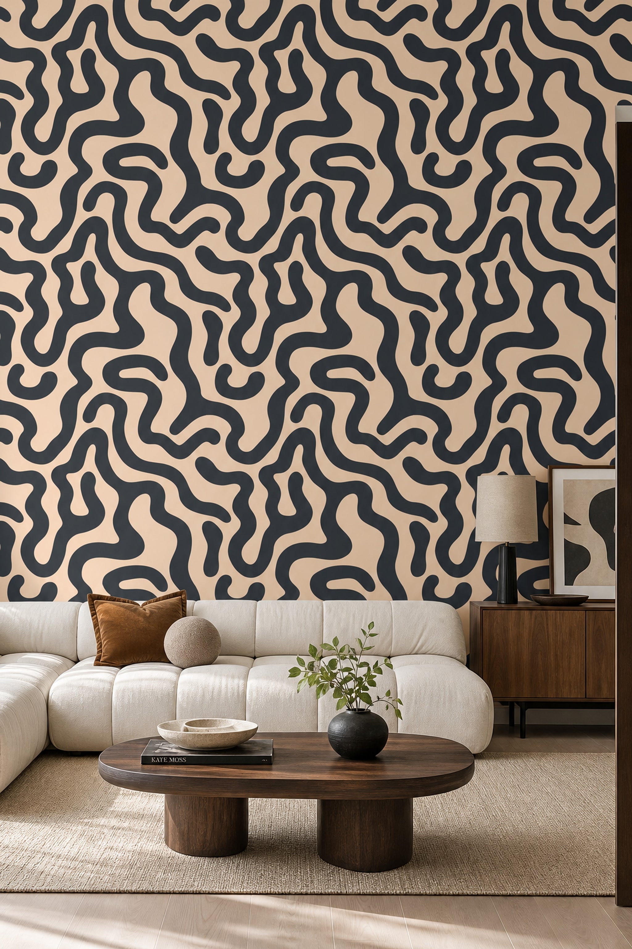 Organic Waves Wallpaper Maze Pattern Dark Charcoal Removable Wall Decor