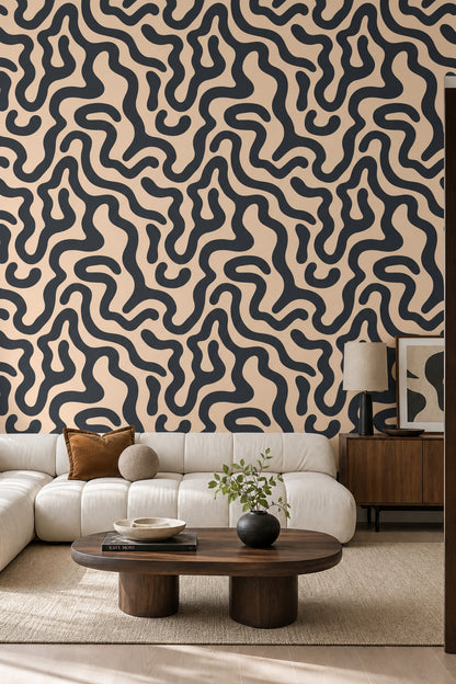 Organic Waves Wallpaper Maze Pattern Dark Charcoal Removable Wall Decor