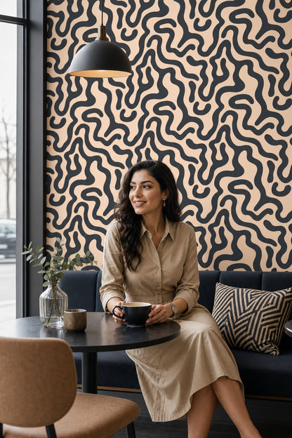Organic Waves Wallpaper Maze Pattern Dark Charcoal Removable Wall Decor