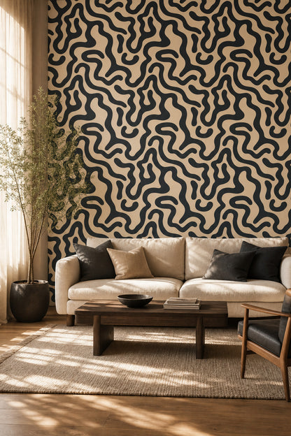 Organic Waves Wallpaper Maze Pattern Dark Charcoal Removable Wall Decor