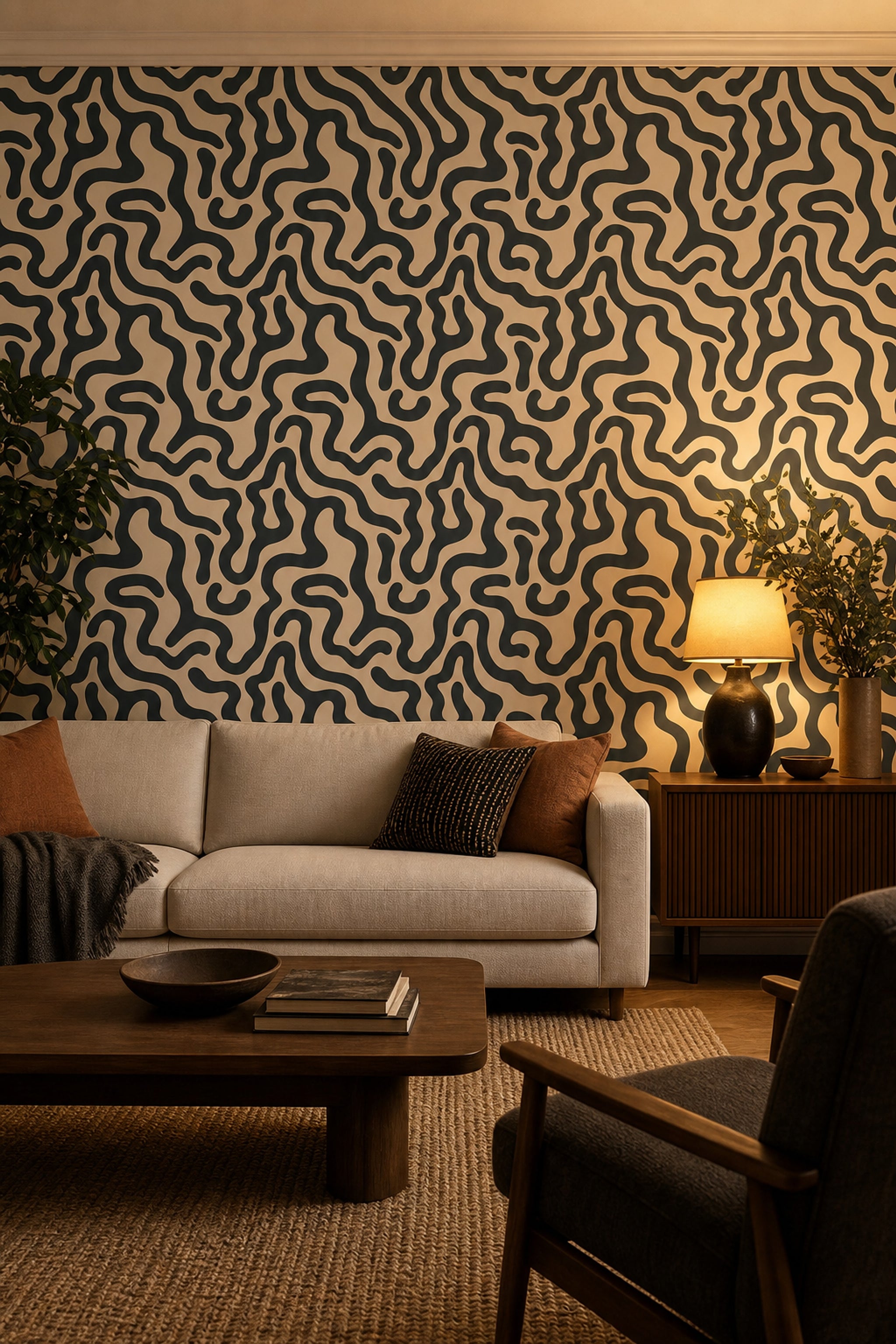 Organic Waves Wallpaper Maze Pattern Dark Charcoal Removable Wall Decor