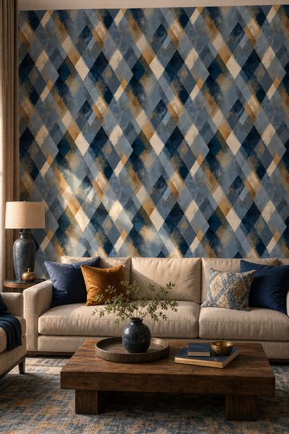 Abstract Geometric Wallpaper Diamond Shapes Navy Blue Removable Wall Decor