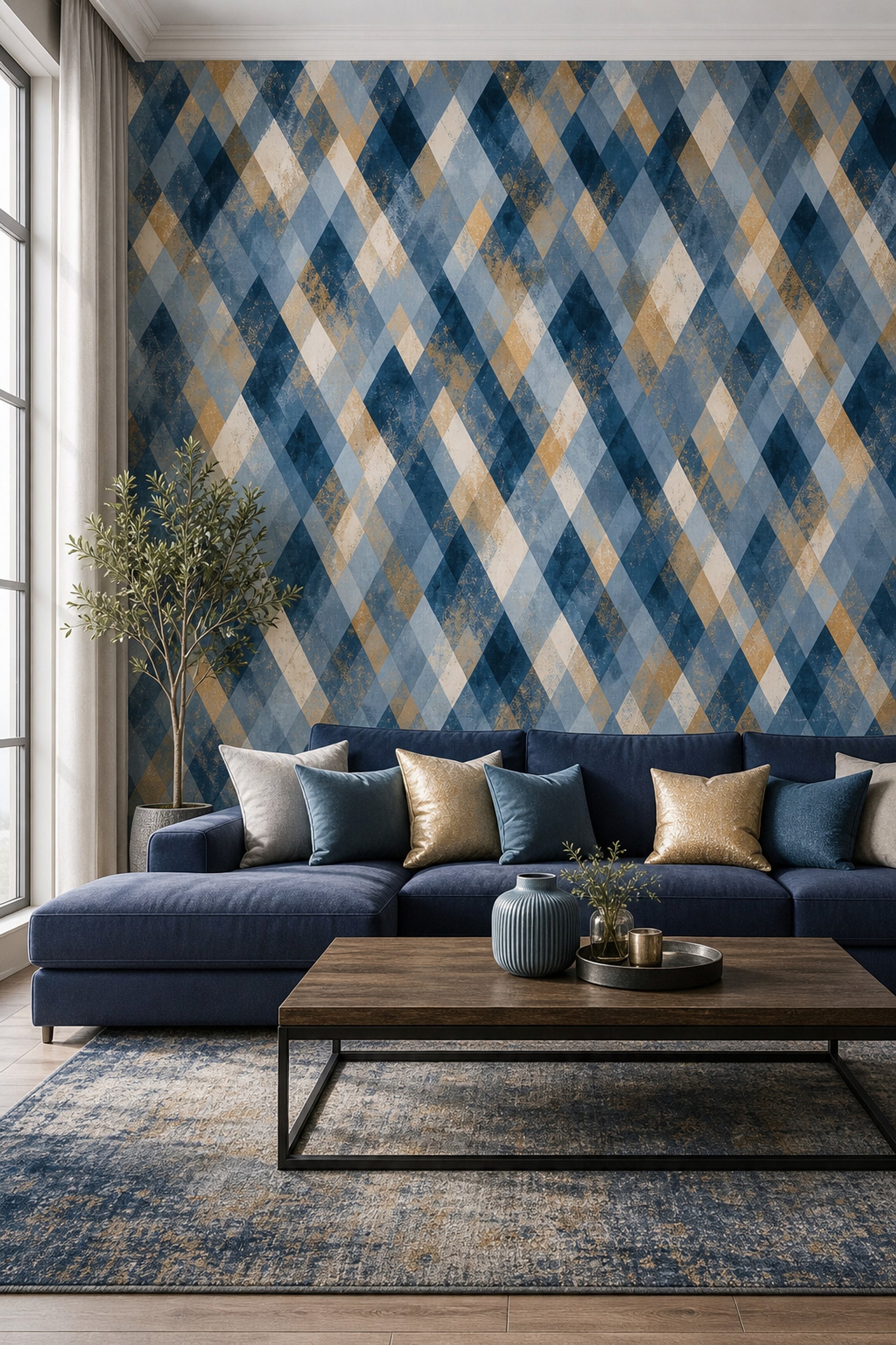 Abstract Geometric Wallpaper Diamond Shapes Navy Blue Removable Wall Decor