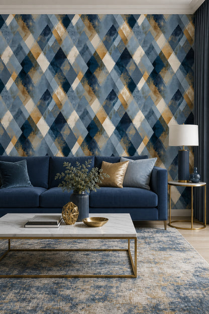 Abstract Geometric Wallpaper Diamond Shapes Navy Blue Removable Wall Decor