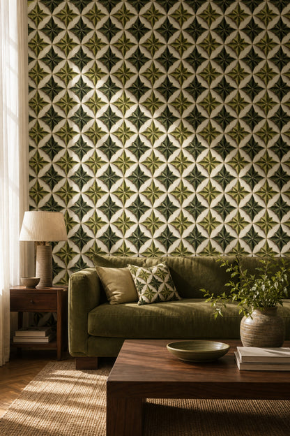Geometric Trellis Wallpaper 3D Tile Effect Removable Leaf Rosette Wall Double Roll