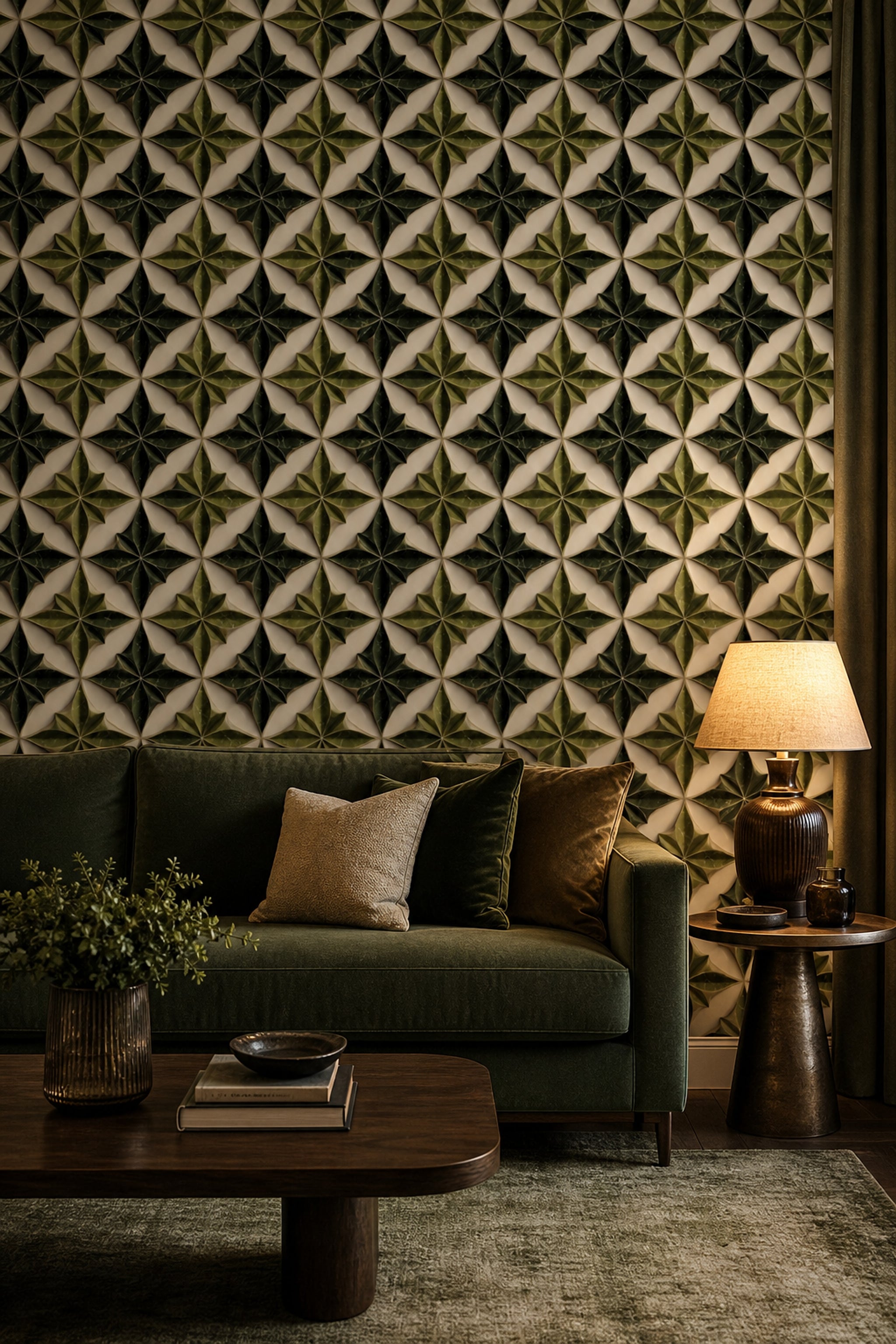 Geometric Trellis Wallpaper 3D Tile Effect Removable Leaf Rosette Wall Double Roll