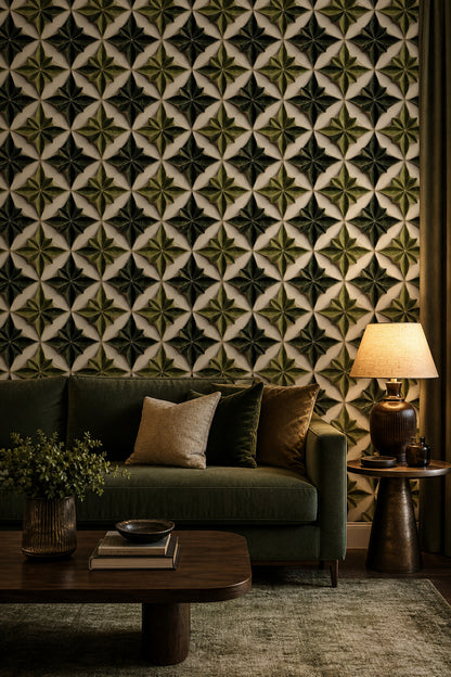 Geometric Trellis Wallpaper 3D Tile Effect Removable Leaf Rosette Wall Double Roll