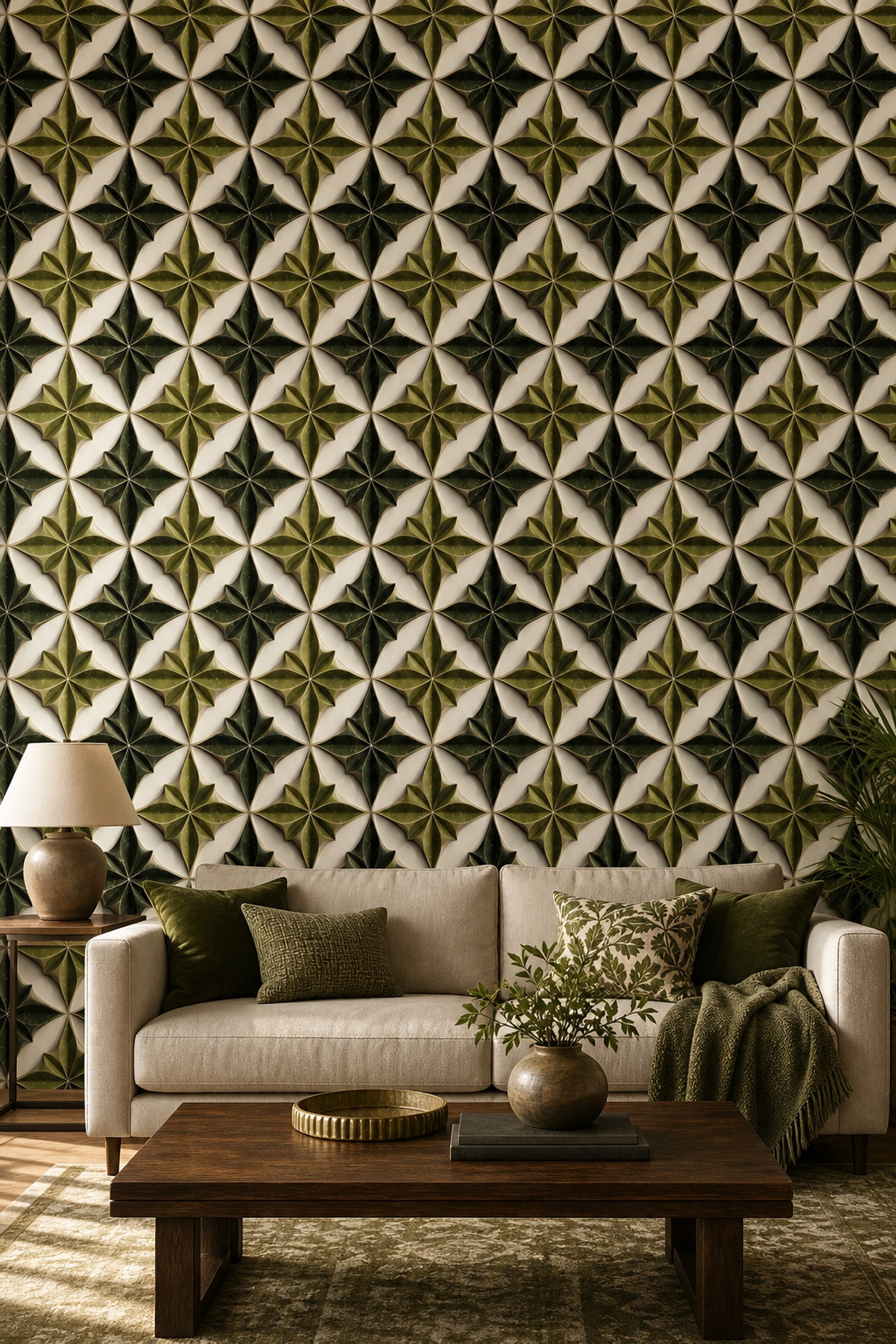 Geometric Trellis Wallpaper 3D Tile Effect Removable Leaf Rosette Wall Double Roll