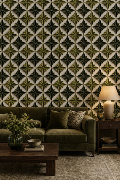 Geometric Trellis Wallpaper 3D Tile Effect Removable Leaf Rosette Wall Double Roll