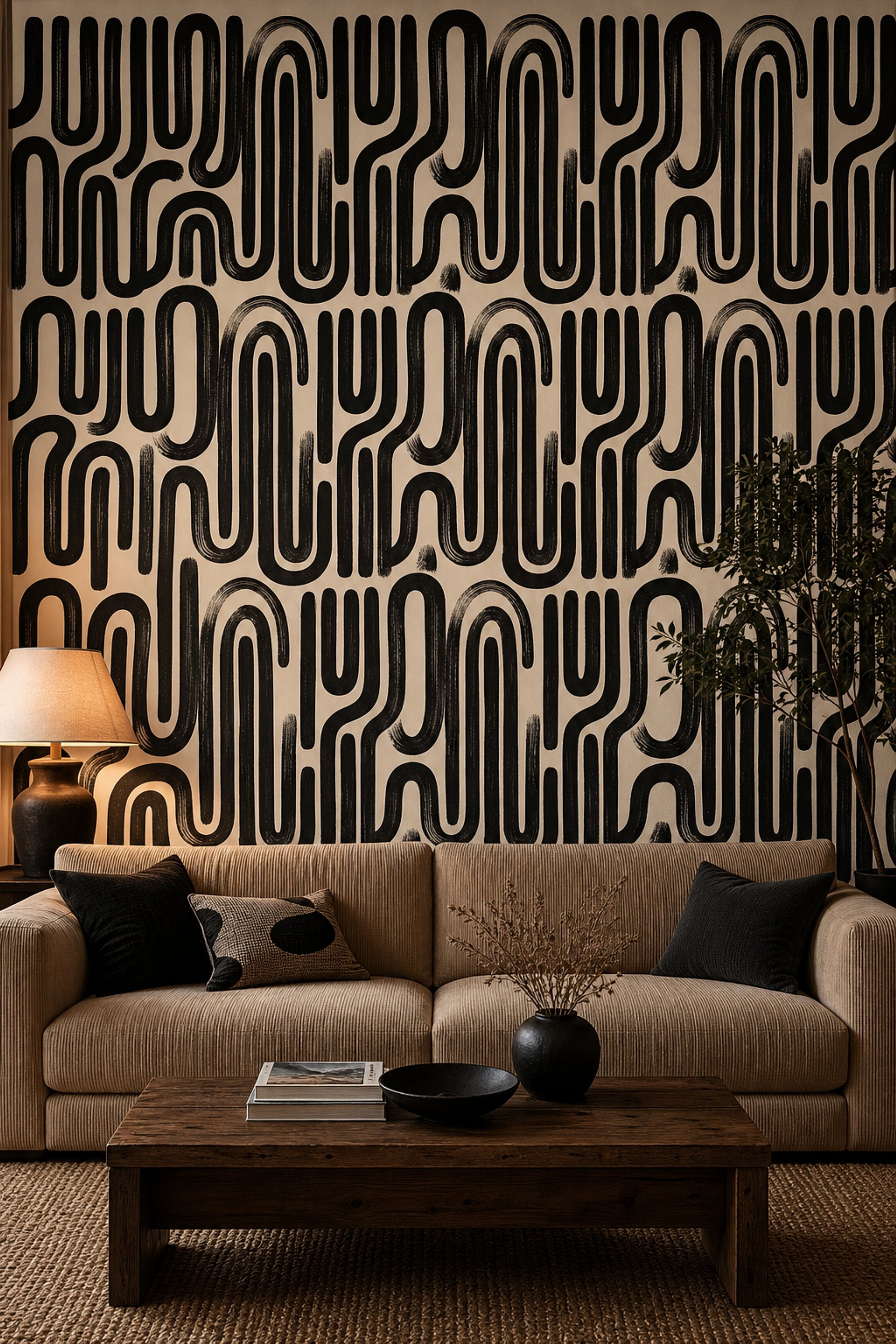 Abstract Wallpaper Geometric Removable Black And Cream Wall Double Roll