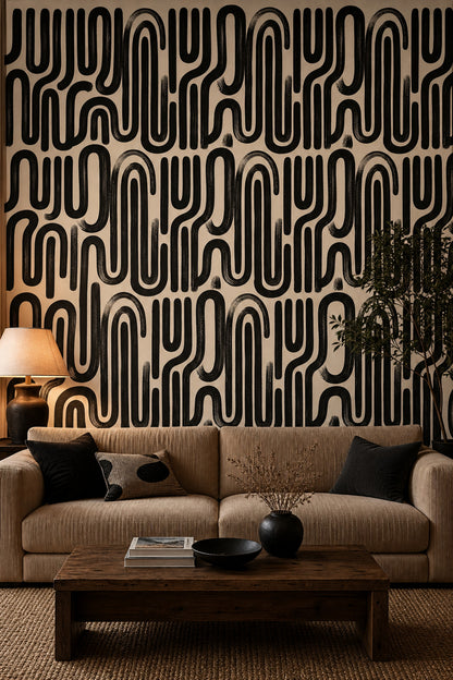Abstract Wallpaper Geometric Removable Black And Cream Wall Double Roll
