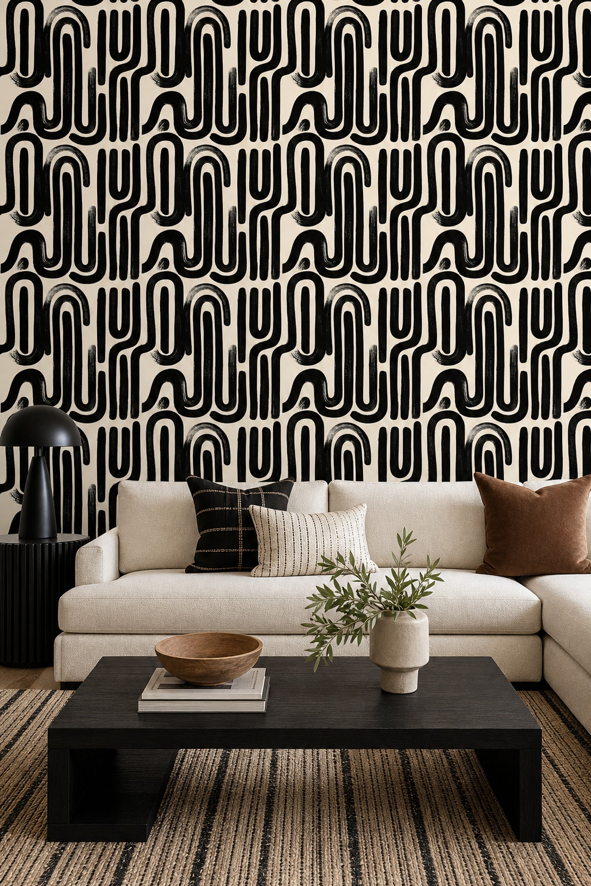Abstract Wallpaper Geometric Removable Black And Cream Wall Double Roll