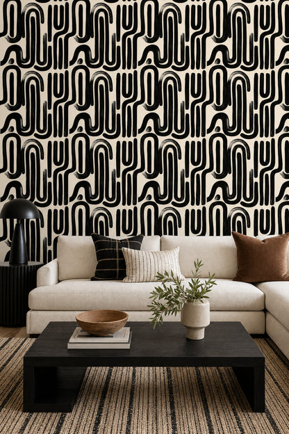 Abstract Wallpaper Geometric Removable Black And Cream Wall Double Roll