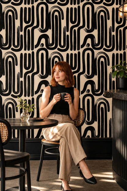 Abstract Wallpaper Geometric Removable Black And Cream Wall Double Roll