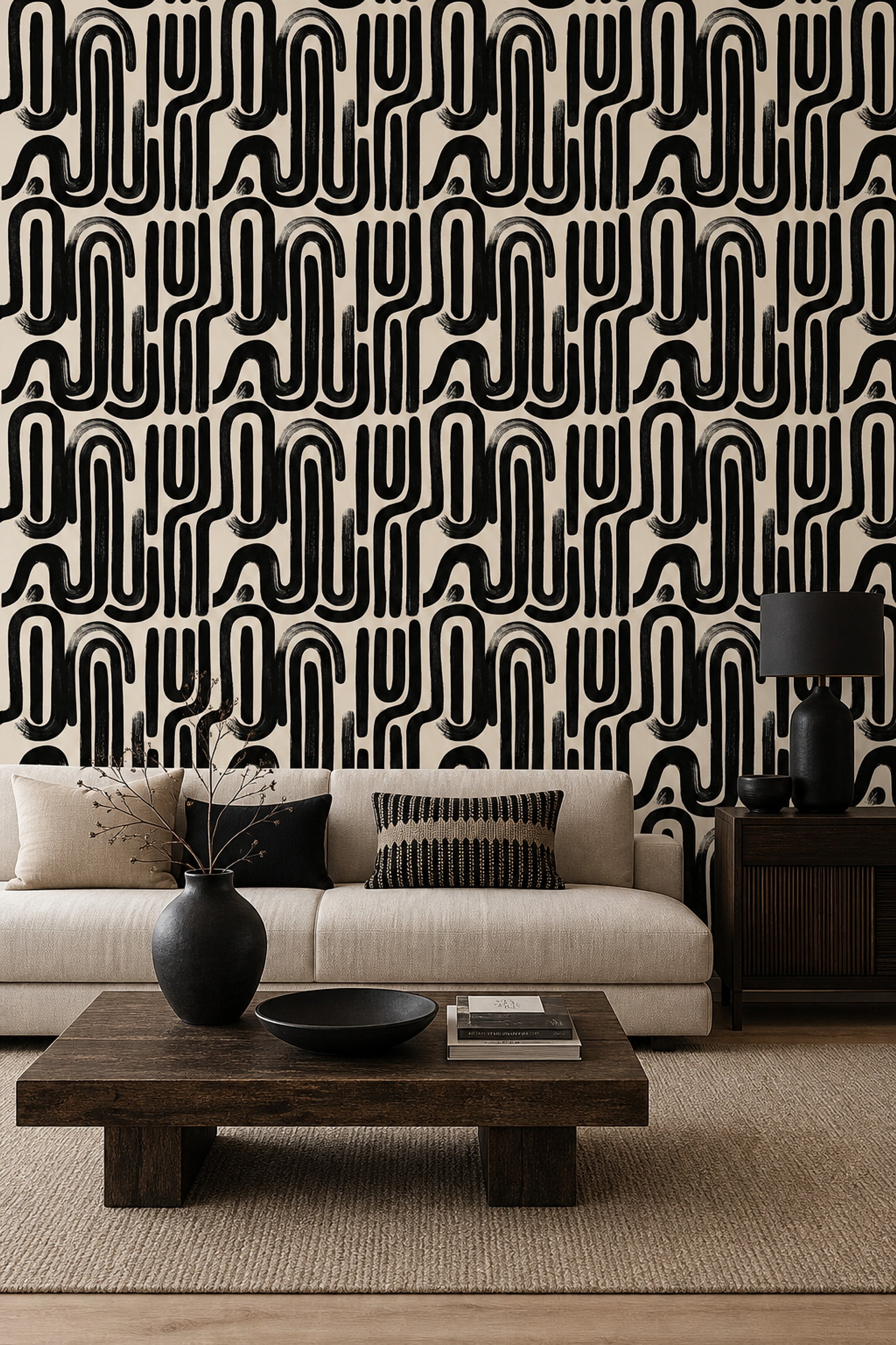 Abstract Wallpaper Geometric Removable Black And Cream Wall Double Roll