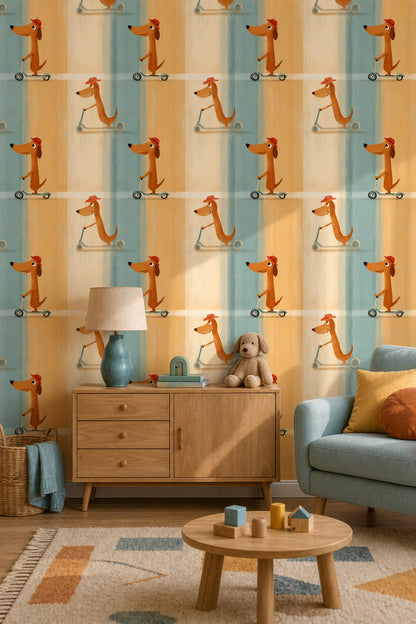 Cartoon Dog Wallpaper Scooter Removable Red Hat Wall Double Roll