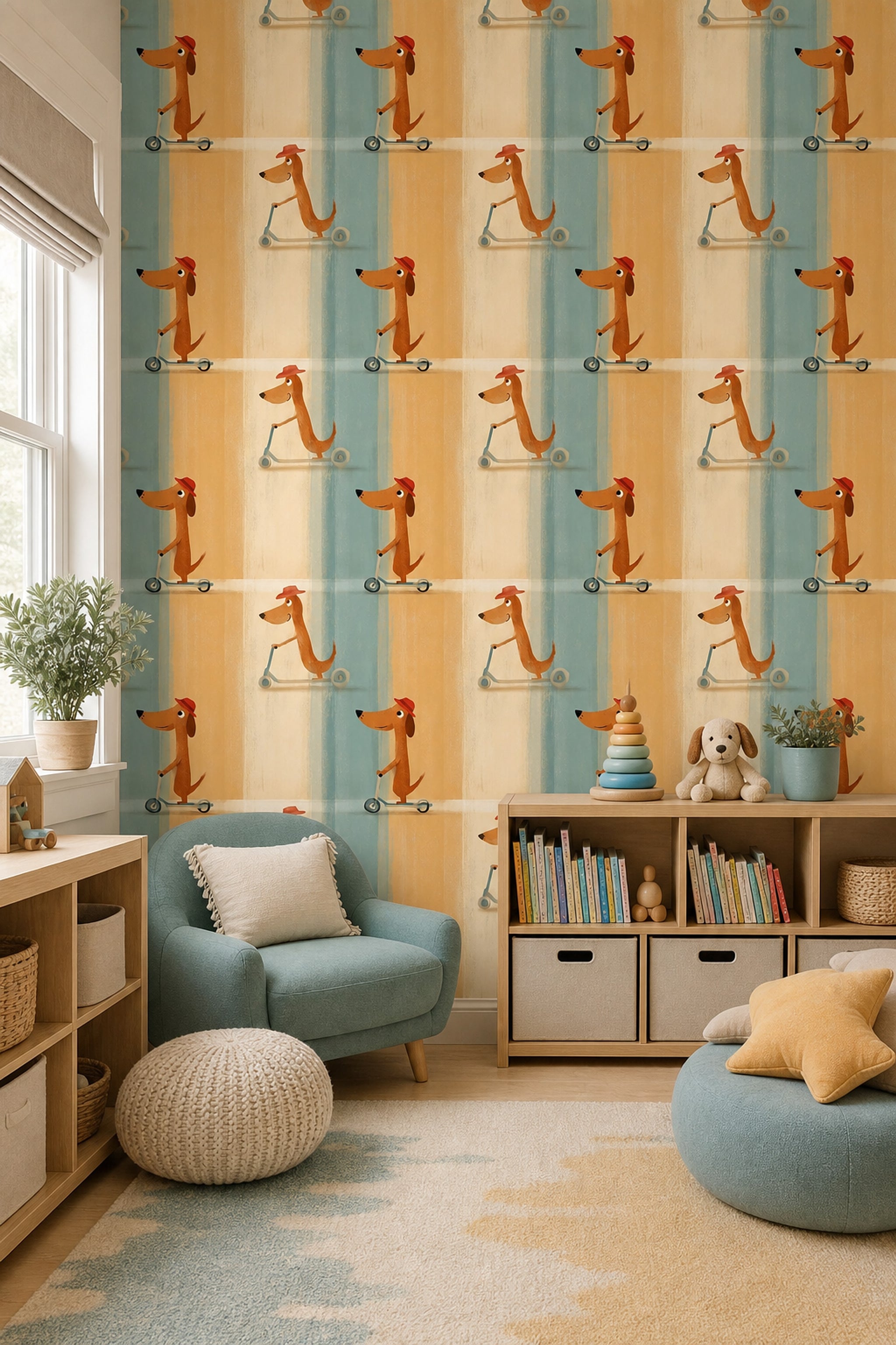 Cartoon Dog Wallpaper Scooter Removable Red Hat Wall Double Roll
