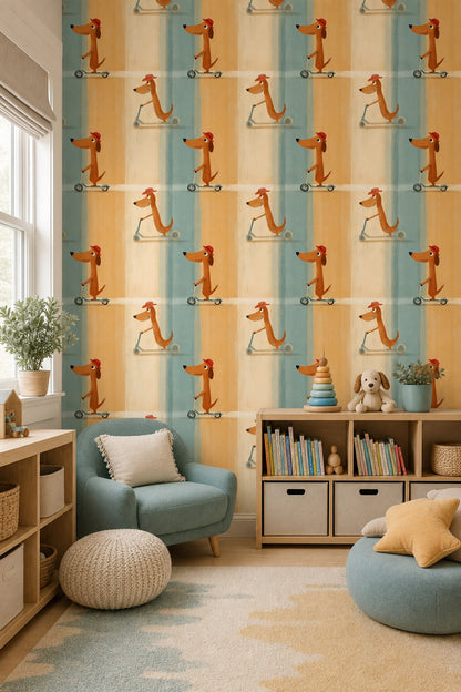 Cartoon Dog Wallpaper Scooter Removable Red Hat Wall Double Roll