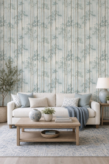 Misty Forest Wallpaper White Background Removable Wall Decor