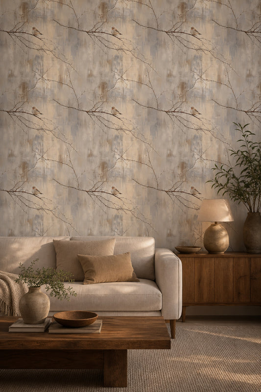 Winter Bird Wallpaper Bare Branches Scandinavian Style Decorative Mural