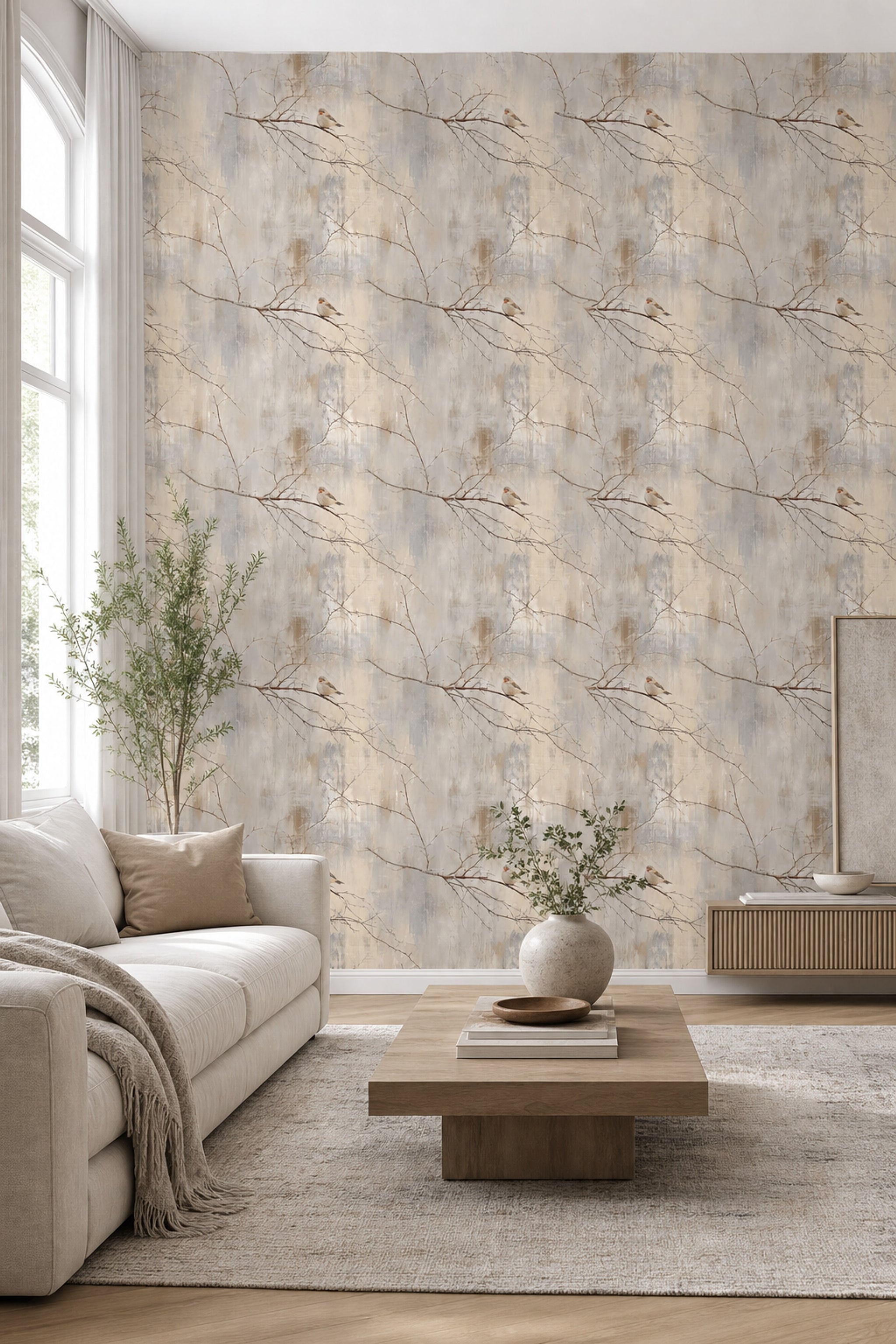 Winter Bird Wallpaper Bare Branches Scandinavian Style Decorative Mural