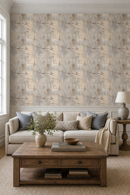 Winter Bird Wallpaper Bare Branches Scandinavian Style Decorative Mural