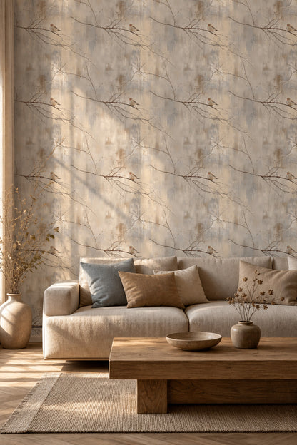 Winter Bird Wallpaper Bare Branches Scandinavian Style Decorative Mural