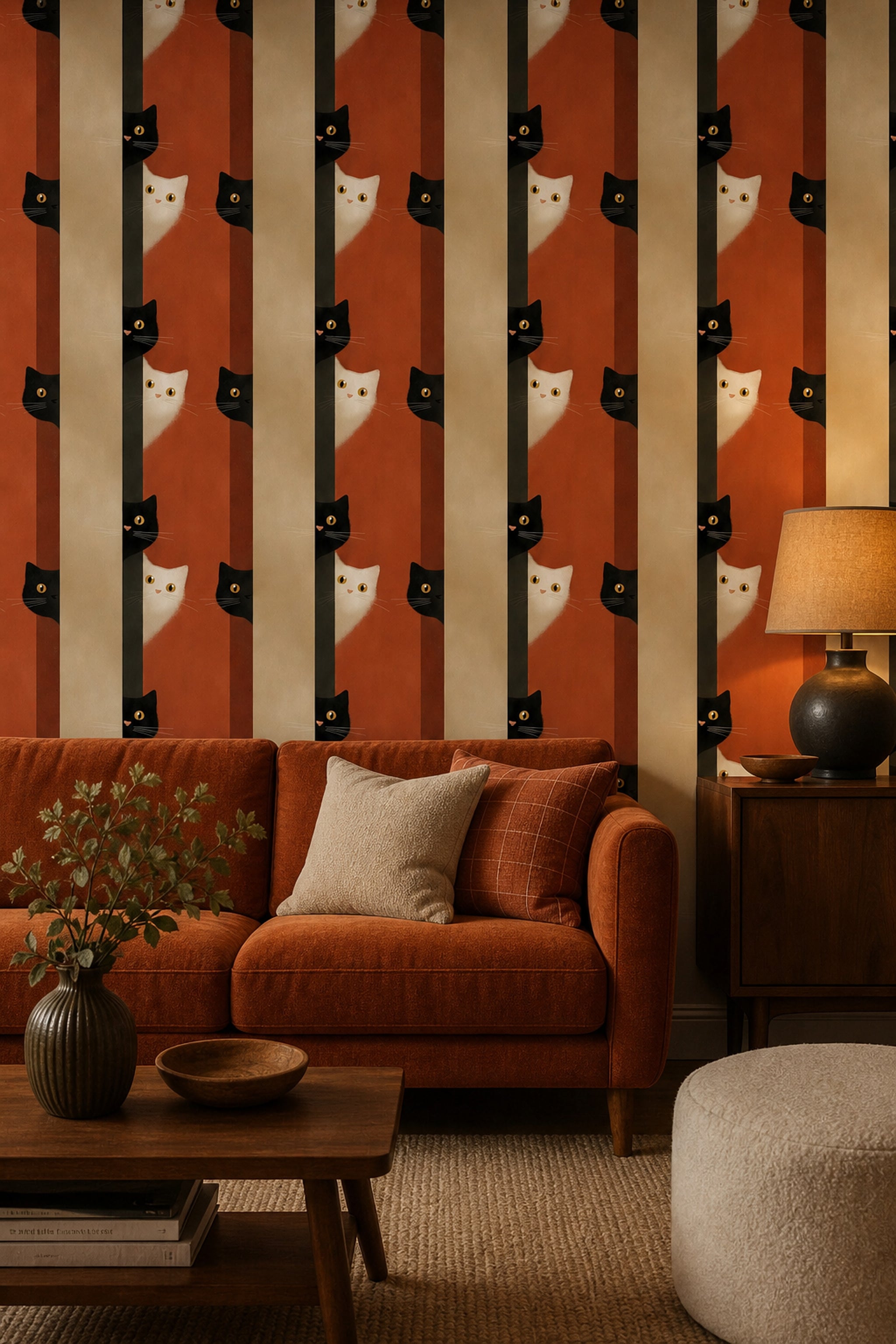 Cat Illustration Wallpaper Striped Background Modern Minimalist Removable Wall Decor