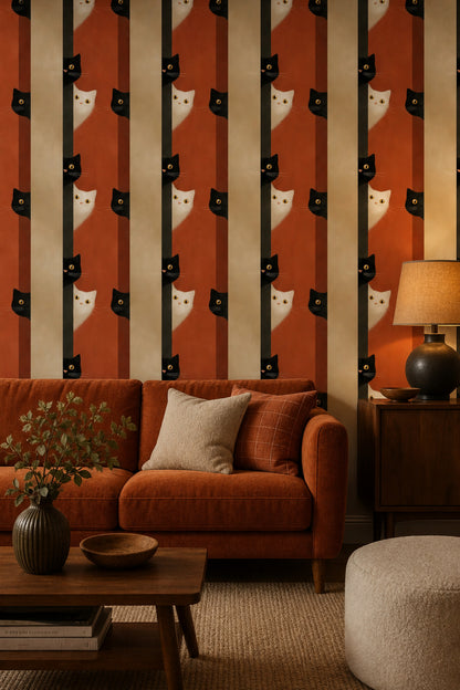 Cat Illustration Wallpaper Striped Background Modern Minimalist Removable Wall Decor