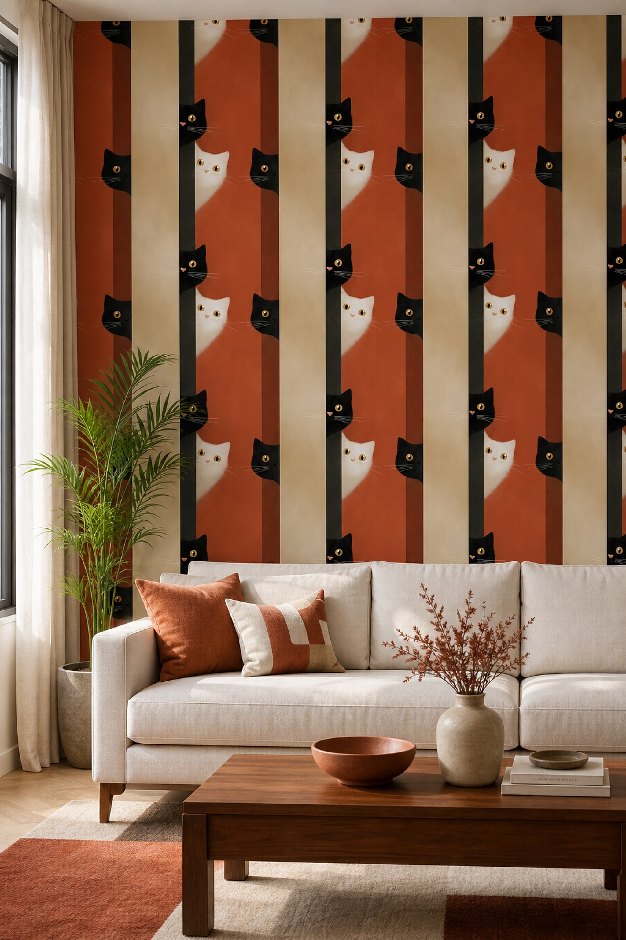 Cat Illustration Wallpaper Striped Background Modern Minimalist Removable Wall Decor
