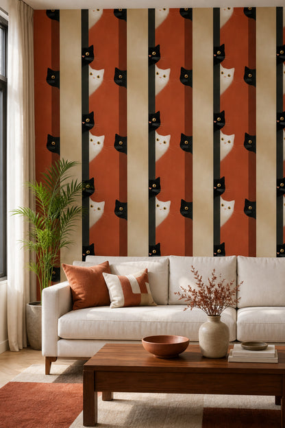 Cat Illustration Wallpaper Striped Background Modern Minimalist Removable Wall Decor