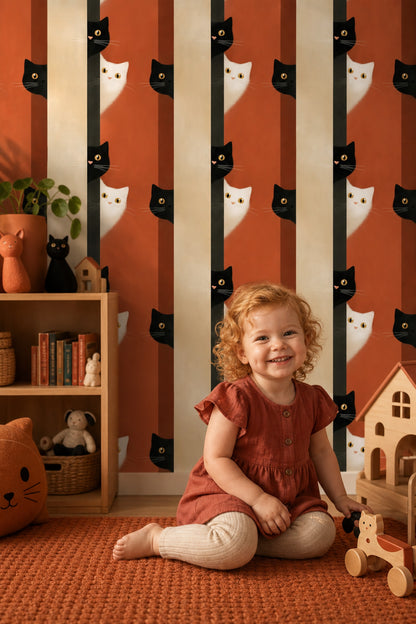 Cat Illustration Wallpaper Striped Background Modern Minimalist Removable Wall Decor