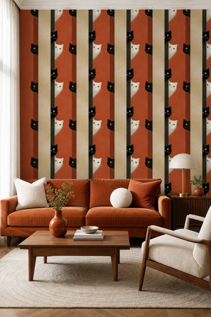 Cat Illustration Wallpaper Striped Background Modern Minimalist Removable Wall Decor