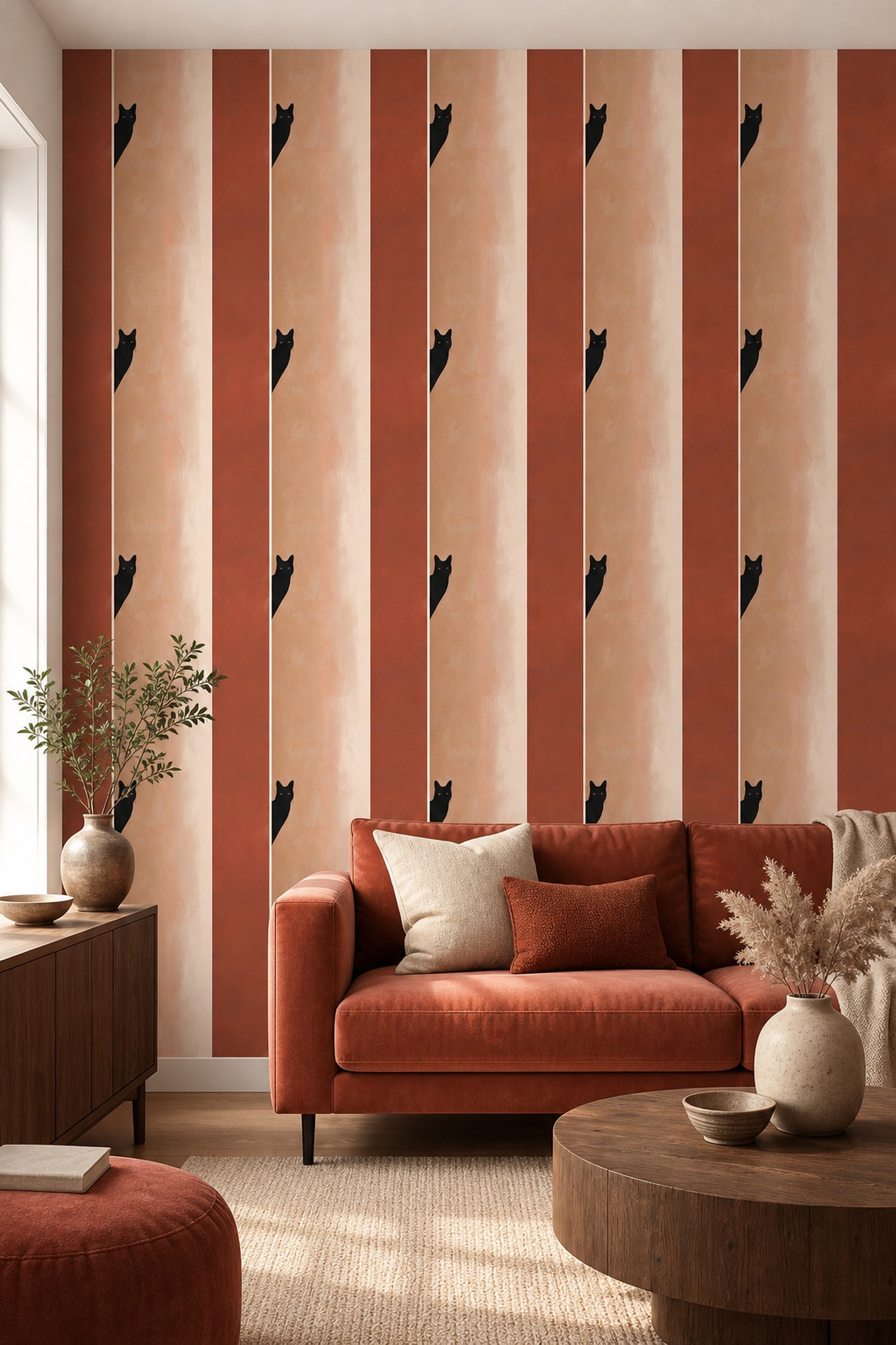 Black Cat Wallpaper Minimalist Terracotta Decorative Mural