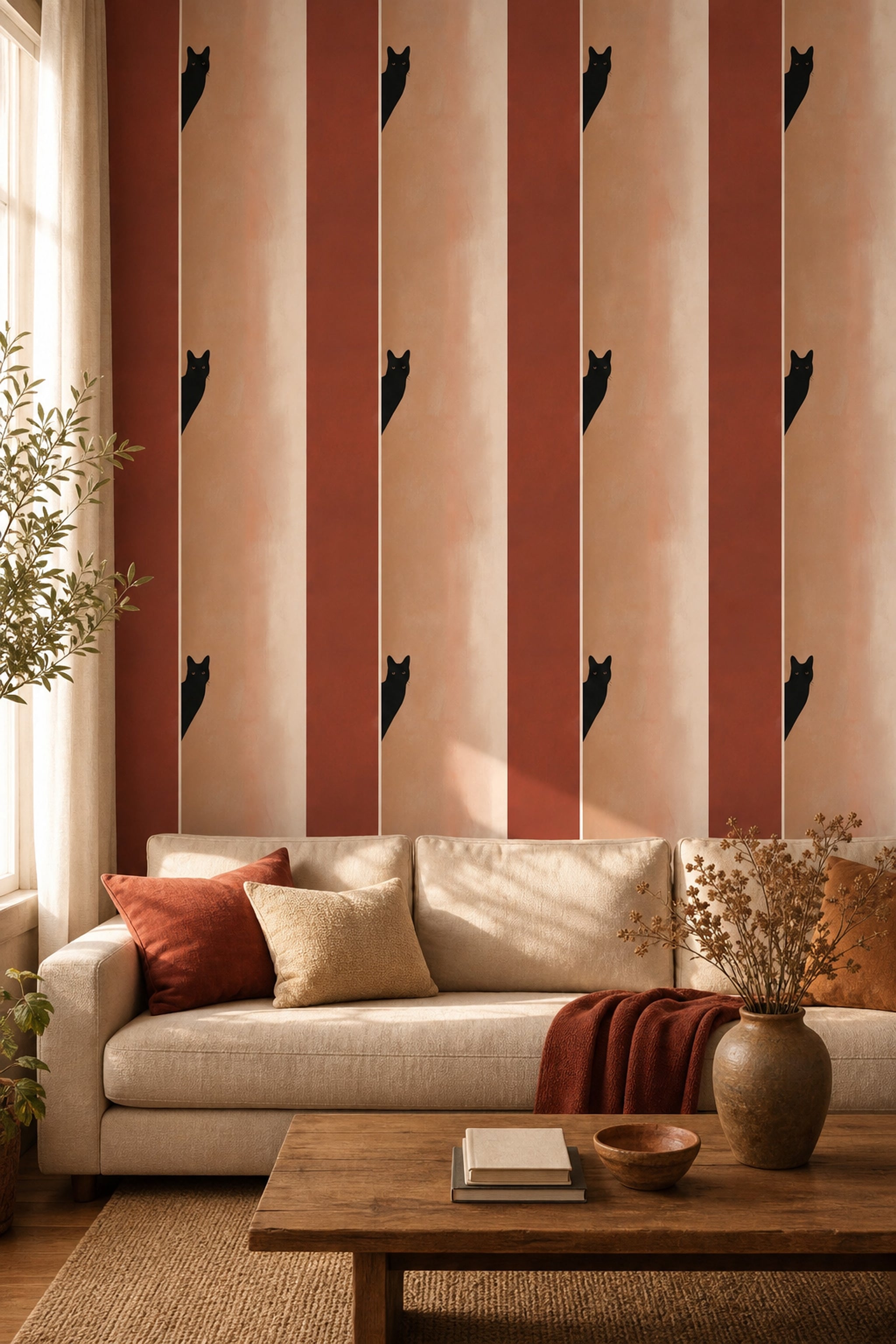 Black Cat Wallpaper Minimalist Terracotta Decorative Mural