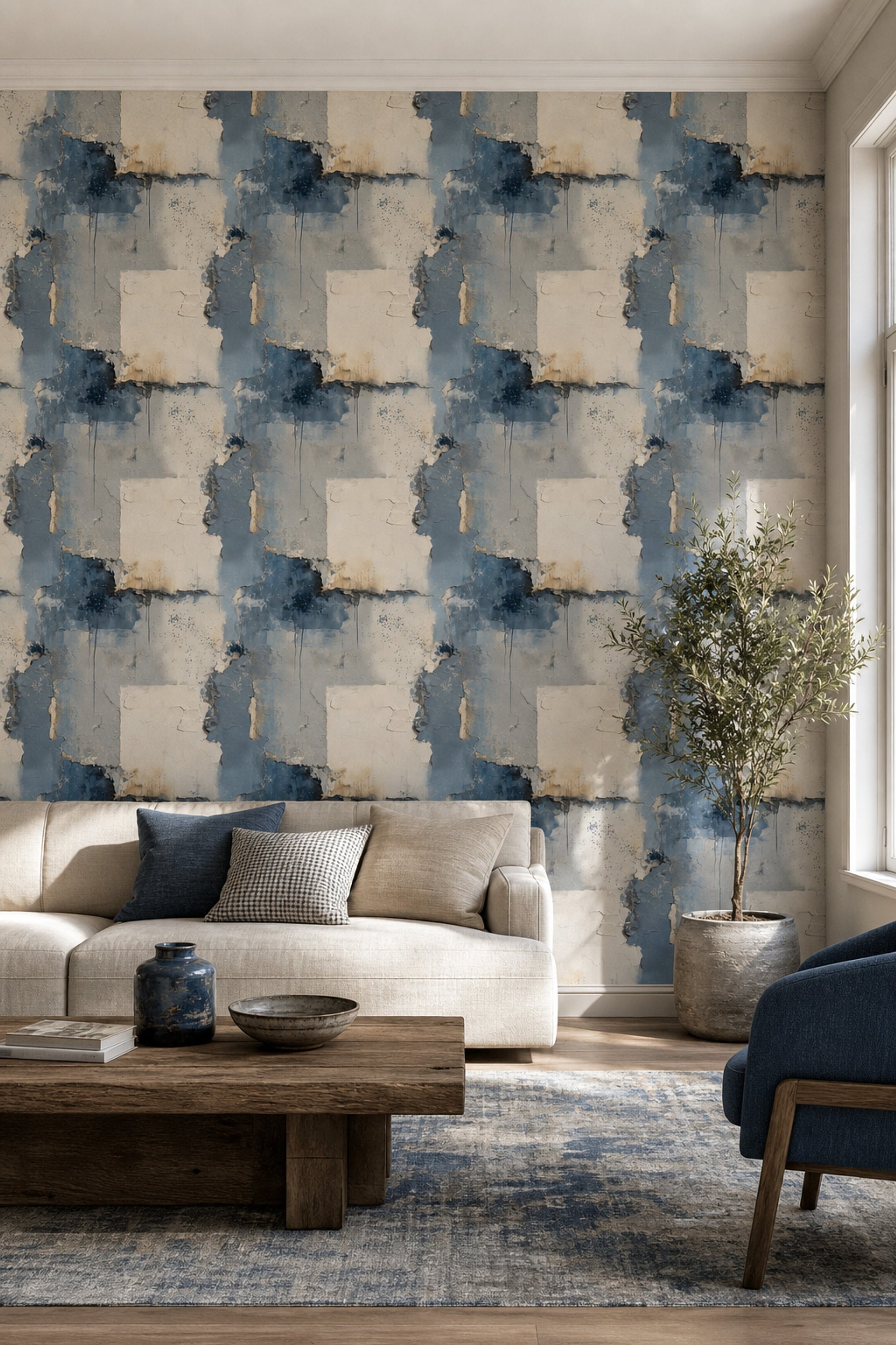 Textured Plaster Wallpaper Blue Gray Distressed Wall Removable Wall Decor
