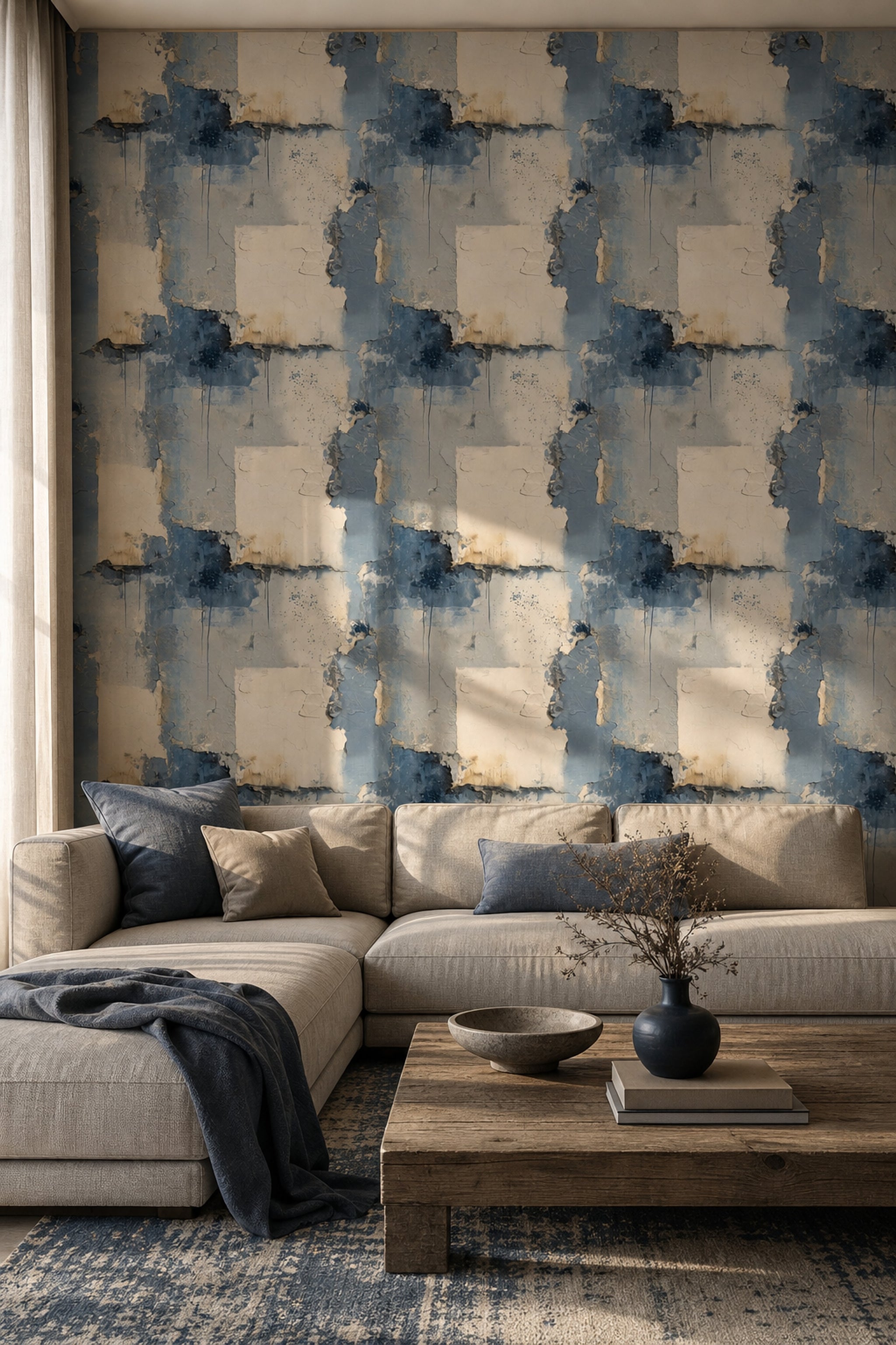 Textured Plaster Wallpaper Blue Gray Distressed Wall Removable Wall Decor