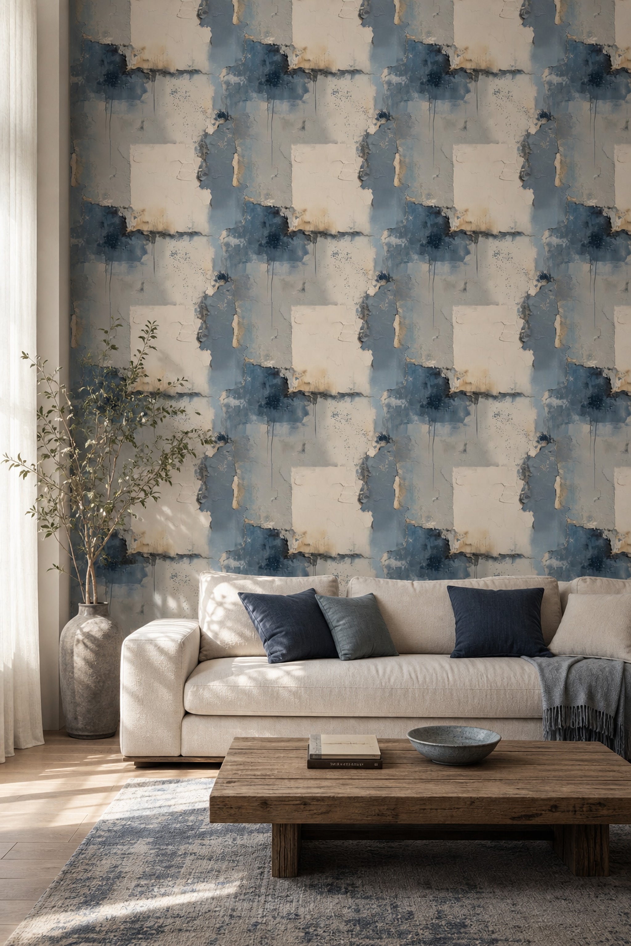 Textured Plaster Wallpaper Blue Gray Distressed Wall Removable Wall Decor