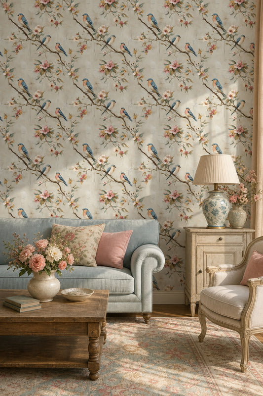 Muted Green Wallpaper Pastel Bird Vintage Removable Wall Decor