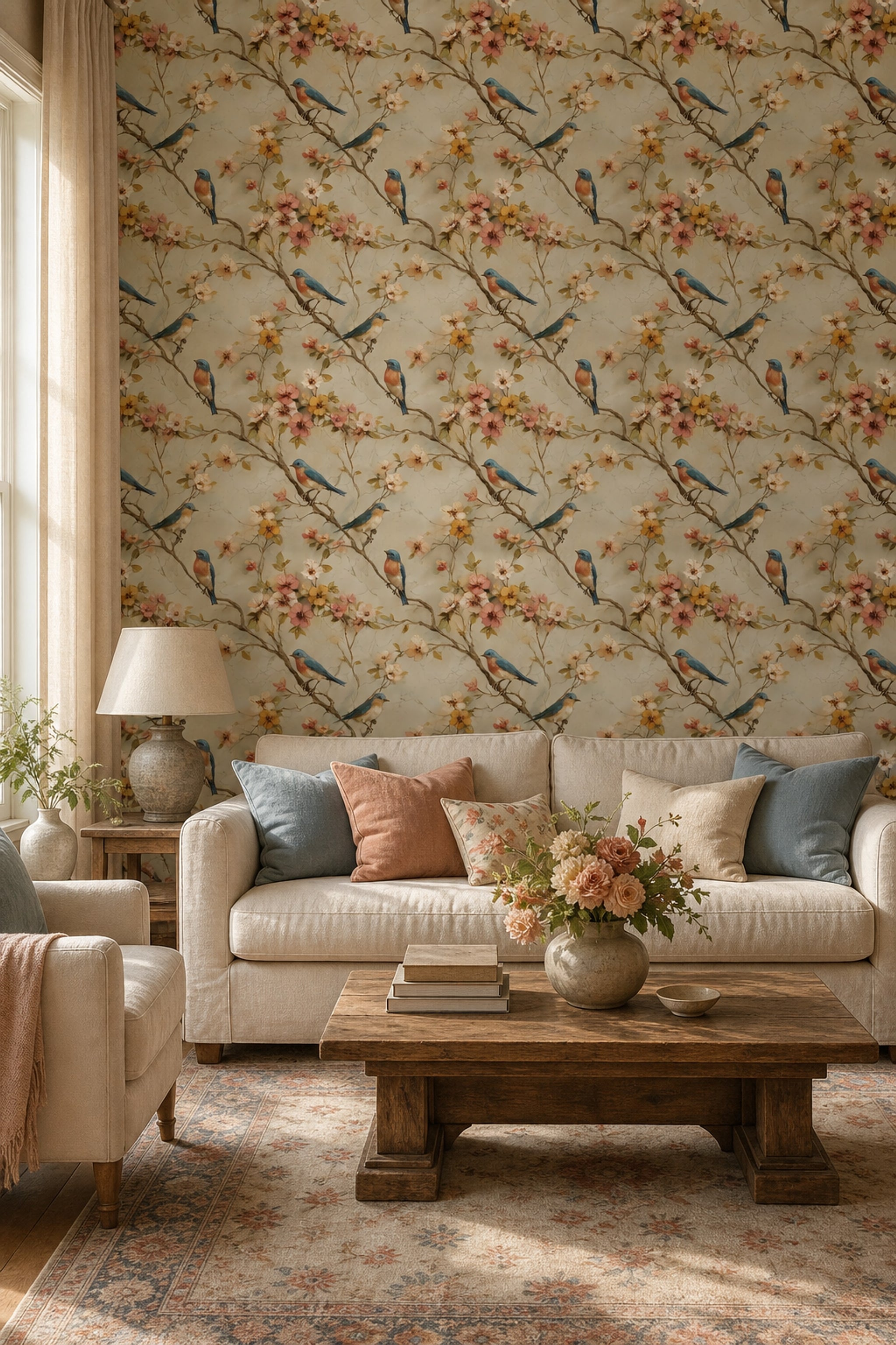 Muted Green Wallpaper Botanical Birds Decorative Mural