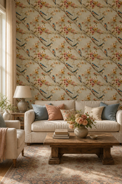 Muted Green Wallpaper Botanical Birds Decorative Mural