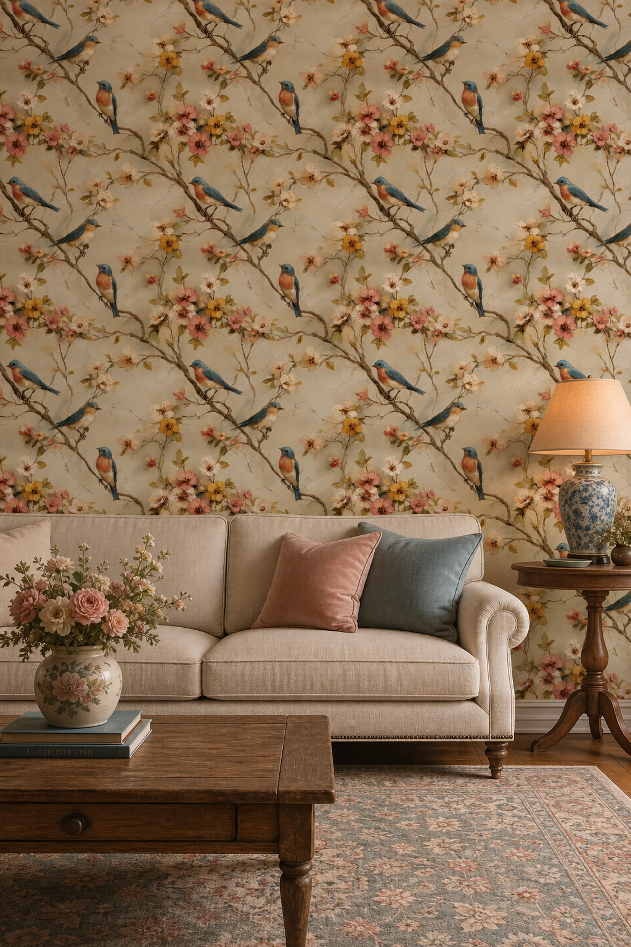Muted Green Wallpaper Botanical Birds Decorative Mural